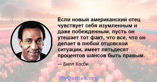 Если новый американский отец чувствует себя изумленным и даже побежденным, пусть он утешает тот факт, что все, что он делает в любой отцовской ситуации, имеет пятьдесят процентов шансов быть правым.