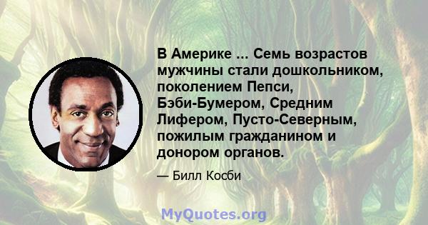 В Америке ... Семь возрастов мужчины стали дошкольником, поколением Пепси, Бэби-Бумером, Средним Лифером, Пусто-Северным, пожилым гражданином и донором органов.