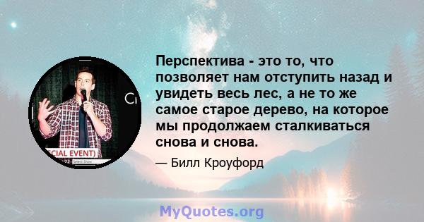 Перспектива - это то, что позволяет нам отступить назад и увидеть весь лес, а не то же самое старое дерево, на которое мы продолжаем сталкиваться снова и снова.