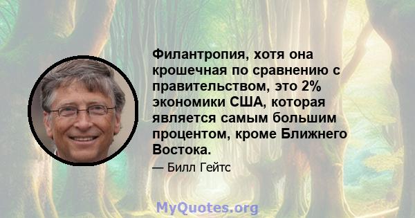 Филантропия, хотя она крошечная по сравнению с правительством, это 2% экономики США, которая является самым большим процентом, кроме Ближнего Востока.