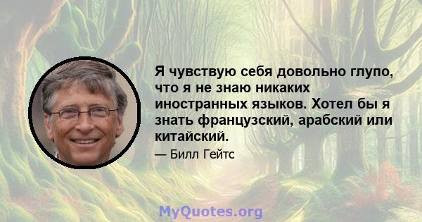 Я чувствую себя довольно глупо, что я не знаю никаких иностранных языков. Хотел бы я знать французский, арабский или китайский.