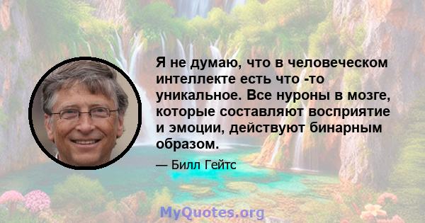 Я не думаю, что в человеческом интеллекте есть что -то уникальное. Все нуроны в мозге, которые составляют восприятие и эмоции, действуют бинарным образом.