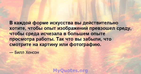 В каждой форме искусства вы действительно хотите, чтобы опыт изображений превзошел среду, чтобы среда исчезала в большем опыте просмотра работы. Так что вы забыли, что смотрите на картину или фотографию.