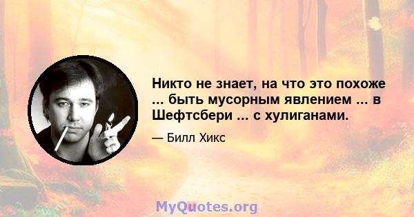 Никто не знает, на что это похоже ... быть мусорным явлением ... в Шефтсбери ... с хулиганами.