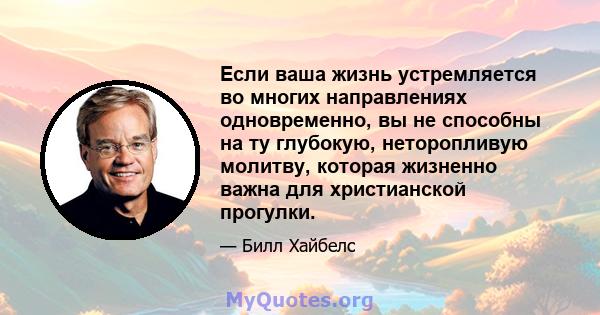 Если ваша жизнь устремляется во многих направлениях одновременно, вы не способны на ту глубокую, неторопливую молитву, которая жизненно важна для христианской прогулки.