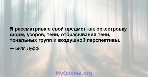 Я рассматриваю свой предмет как оркестровку форм, узоров, тени, отбрасывания тени, тональных групп и воздушной перспективы.