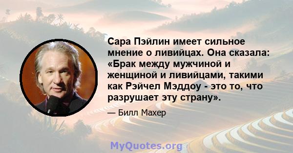 Сара Пэйлин имеет сильное мнение о ливийцах. Она сказала: «Брак между мужчиной и женщиной и ливийцами, такими как Рэйчел Мэддоу - это то, что разрушает эту страну».