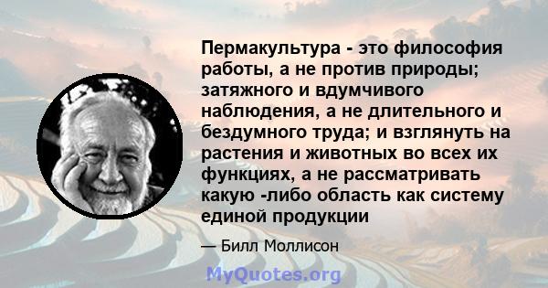 Пермакультура - это философия работы, а не против природы; затяжного и вдумчивого наблюдения, а не длительного и бездумного труда; и взглянуть на растения и животных во всех их функциях, а не рассматривать какую -либо