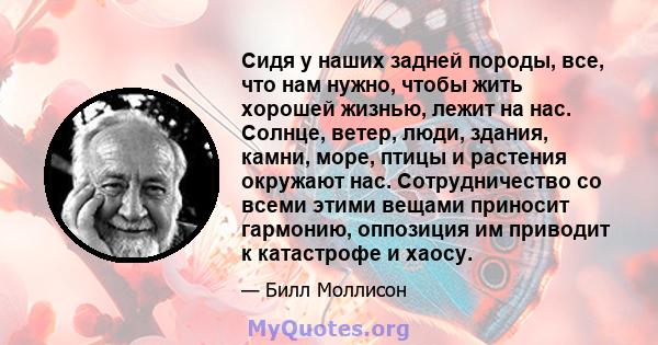 Сидя у наших задней породы, все, что нам нужно, чтобы жить хорошей жизнью, лежит на нас. Солнце, ветер, люди, здания, камни, море, птицы и растения окружают нас. Сотрудничество со всеми этими вещами приносит гармонию,