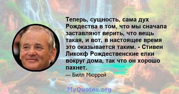 Теперь, сущность, сама дух Рождества в том, что мы сначала заставляют верить, что вещь такая, и вот, в настоящее время это оказывается таким. - Стивен Ликокф Рождественские елки вокруг дома, так что он хорошо пахнет.