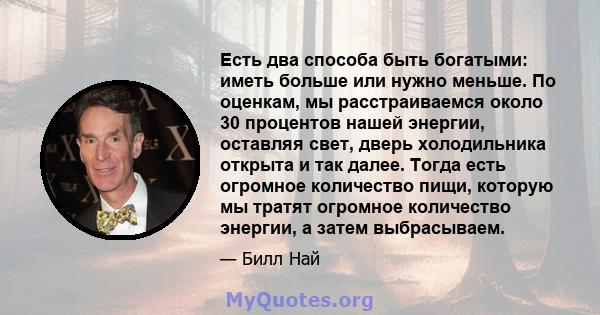 Есть два способа быть богатыми: иметь больше или нужно меньше. По оценкам, мы расстраиваемся около 30 процентов нашей энергии, оставляя свет, дверь холодильника открыта и так далее. Тогда есть огромное количество пищи,