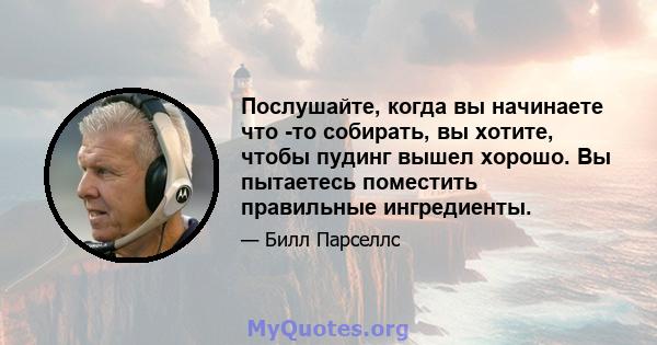 Послушайте, когда вы начинаете что -то собирать, вы хотите, чтобы пудинг вышел хорошо. Вы пытаетесь поместить правильные ингредиенты.