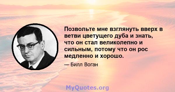 Позвольте мне взглянуть вверх в ветви цветущего дуба и знать, что он стал великолепно и сильным, потому что он рос медленно и хорошо.