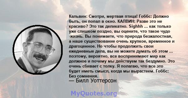 Кальвин: Смотри, мертвая птица! Гоббс: Должно быть, он попал в окно. КАЛВИН: Разве это не красиво? Это так деликатно. Sighhh ... как только уже слишком поздно, вы оцените, что такое чудо -жизнь. Вы понимаете, что