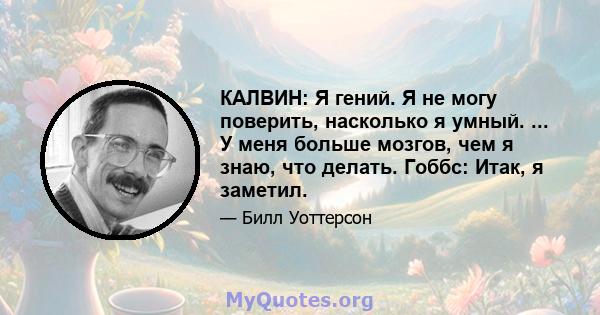 КАЛВИН: Я гений. Я не могу поверить, насколько я умный. ... У меня больше мозгов, чем я знаю, что делать. Гоббс: Итак, я заметил.