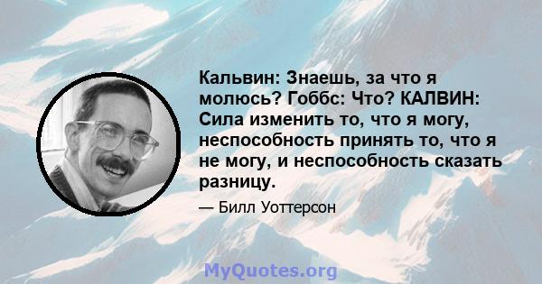 Кальвин: Знаешь, за что я молюсь? Гоббс: Что? КАЛВИН: Сила изменить то, что я могу, неспособность принять то, что я не могу, и неспособность сказать разницу.