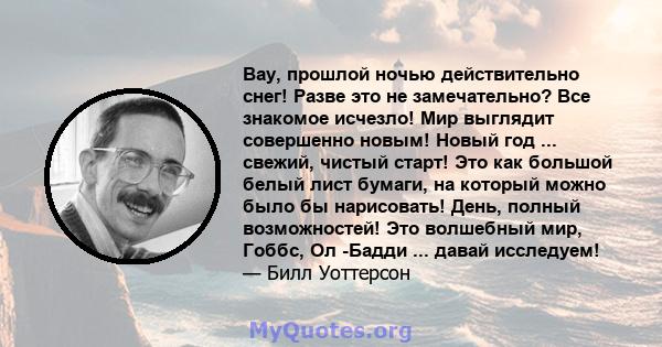 Вау, прошлой ночью действительно снег! Разве это не замечательно? Все знакомое исчезло! Мир выглядит совершенно новым! Новый год ... свежий, чистый старт! Это как большой белый лист бумаги, на который можно было бы