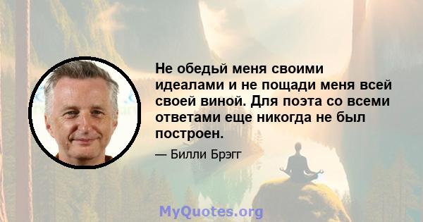 Не обедьй меня своими идеалами и не пощади меня всей своей виной. Для поэта со всеми ответами еще никогда не был построен.