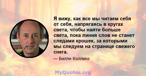 Я вижу, как все мы читаем себя от себя, напрягаясь в кругах света, чтобы найти больше света, пока линия слов не станет следами крошек, за которыми мы следуем на странице свежего снега.