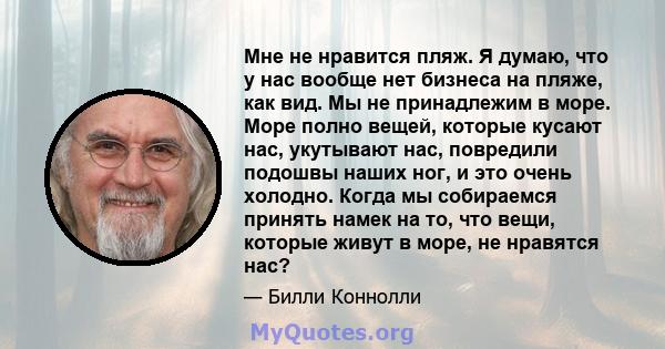 Мне не нравится пляж. Я думаю, что у нас вообще нет бизнеса на пляже, как вид. Мы не принадлежим в море. Море полно вещей, которые кусают нас, укутывают нас, повредили подошвы наших ног, и это очень холодно. Когда мы