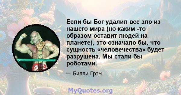 Если бы Бог удалил все зло из нашего мира (но каким -то образом оставит людей на планете), это означало бы, что сущность «человечества» будет разрушена. Мы стали бы роботами.