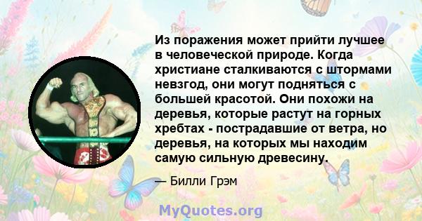 Из поражения может прийти лучшее в человеческой природе. Когда христиане сталкиваются с штормами невзгод, они могут подняться с большей красотой. Они похожи на деревья, которые растут на горных хребтах - пострадавшие от 