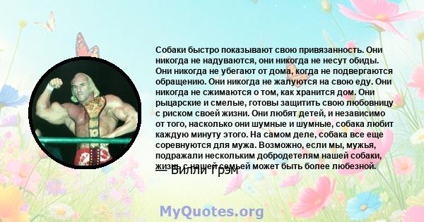 Собаки быстро показывают свою привязанность. Они никогда не надуваются, они никогда не несут обиды. Они никогда не убегают от дома, когда не подвергаются обращению. Они никогда не жалуются на свою еду. Они никогда не