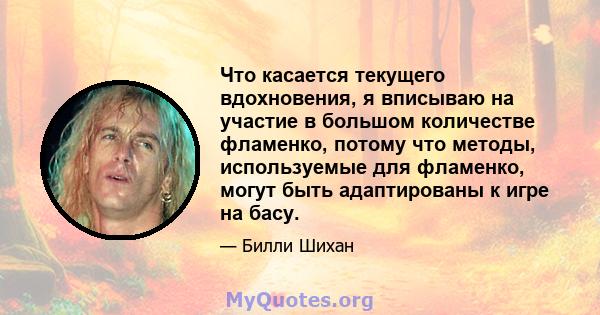 Что касается текущего вдохновения, я вписываю на участие в большом количестве фламенко, потому что методы, используемые для фламенко, могут быть адаптированы к игре на басу.