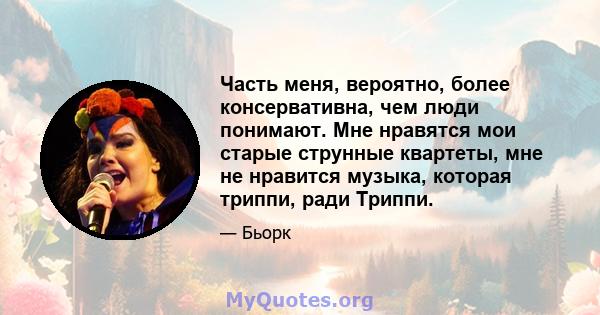 Часть меня, вероятно, более консервативна, чем люди понимают. Мне нравятся мои старые струнные квартеты, мне не нравится музыка, которая триппи, ради Триппи.