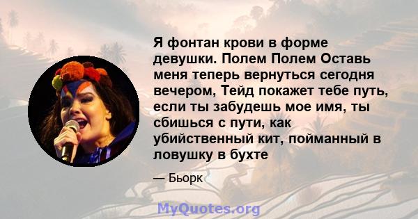 Я фонтан крови в форме девушки. Полем Полем Оставь меня теперь вернуться сегодня вечером, Тейд покажет тебе путь, если ты забудешь мое имя, ты сбишься с пути, как убийственный кит, пойманный в ловушку в бухте