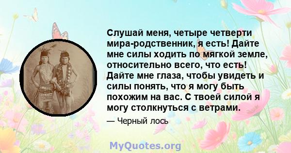 Слушай меня, четыре четверти мира-родственник, я есть! Дайте мне силы ходить по мягкой земле, относительно всего, что есть! Дайте мне глаза, чтобы увидеть и силы понять, что я могу быть похожим на вас. С твоей силой я