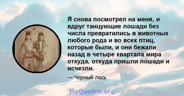 Я снова посмотрел на меня, и вдруг танцующие лошади без числа превратились в животных любого рода и во всех птиц, которые были, и они бежали назад в четыре квартала мира откуда, откуда пришли лошади и исчезли.