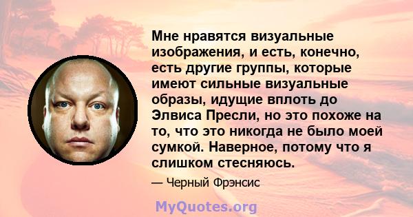 Мне нравятся визуальные изображения, и есть, конечно, есть другие группы, которые имеют сильные визуальные образы, идущие вплоть до Элвиса Пресли, но это похоже на то, что это никогда не было моей сумкой. Наверное,