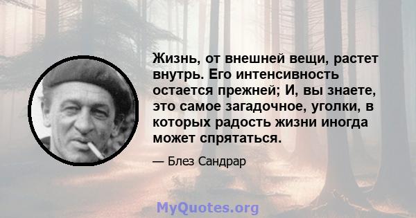 Жизнь, от внешней вещи, растет внутрь. Его интенсивность остается прежней; И, вы знаете, это самое загадочное, уголки, в которых радость жизни иногда может спрятаться.