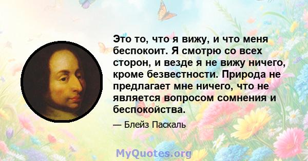 Это то, что я вижу, и что меня беспокоит. Я смотрю со всех сторон, и везде я не вижу ничего, кроме безвестности. Природа не предлагает мне ничего, что не является вопросом сомнения и беспокойства.