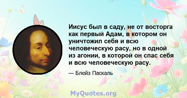 Иисус был в саду, не от восторга как первый Адам, в котором он уничтожил себя и всю человеческую расу, но в одной из агонии, в которой он спас себя и всю человеческую расу.