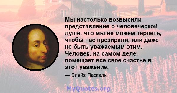 Мы настолько возвысили представление о человеческой душе, что мы не можем терпеть, чтобы нас презирали, или даже не быть уважаемым этим. Человек, на самом деле, помещает все свое счастье в этот уважение.