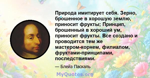 Природа имитирует себя. Зерно, брошенное в хорошую землю, приносит фрукты; Принцип, брошенный в хороший ум, приносит фрукты. Все создано и проводится тем же мастером-корнем, филиалом, фруктами-принципами, последствиями.