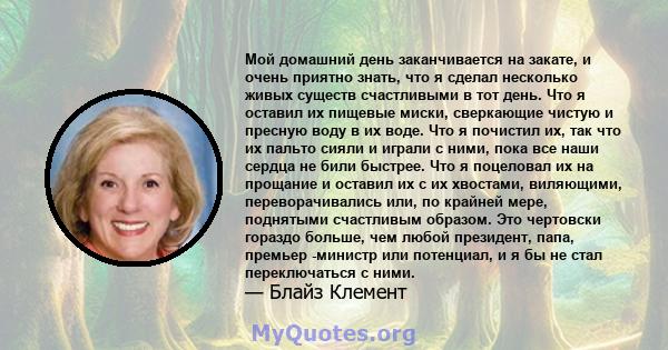 Мой домашний день заканчивается на закате, и очень приятно знать, что я сделал несколько живых существ счастливыми в тот день. Что я оставил их пищевые миски, сверкающие чистую и пресную воду в их воде. Что я почистил