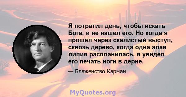 Я потратил день, чтобы искать Бога, и не нашел его. Но когда я прошел через скалистый выступ, сквозь дерево, когда одна алая лилия распланилась, я увидел его печать ноги в дерне.