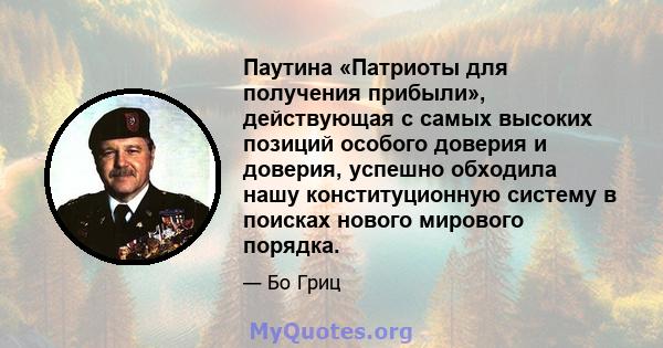 Паутина «Патриоты для получения прибыли», действующая с самых высоких позиций особого доверия и доверия, успешно обходила нашу конституционную систему в поисках нового мирового порядка.