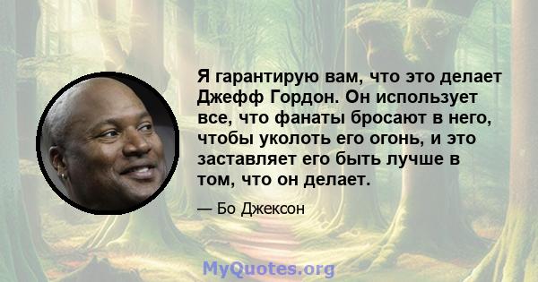 Я гарантирую вам, что это делает Джефф Гордон. Он использует все, что фанаты бросают в него, чтобы уколоть его огонь, и это заставляет его быть лучше в том, что он делает.