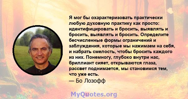 Я мог бы охарактеризовать практически любую духовную практику как просто: идентифицировать и бросить, выявлять и бросить, выявлять и бросить. Определите бесчисленные формы ограничений и заблуждения, которые мы нажимаем