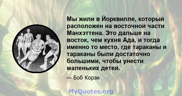 Мы жили в Йорквилле, который расположен на восточной части Манхэттена. Это дальше на восток, чем кухня Ада, и тогда именно то место, где тараканы и тараканы были достаточно большими, чтобы унести маленьких детей.