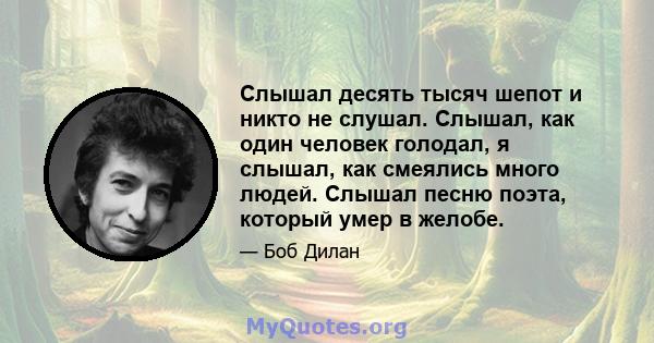 Слышал десять тысяч шепот и никто не слушал. Слышал, как один человек голодал, я слышал, как смеялись много людей. Слышал песню поэта, который умер в желобе.