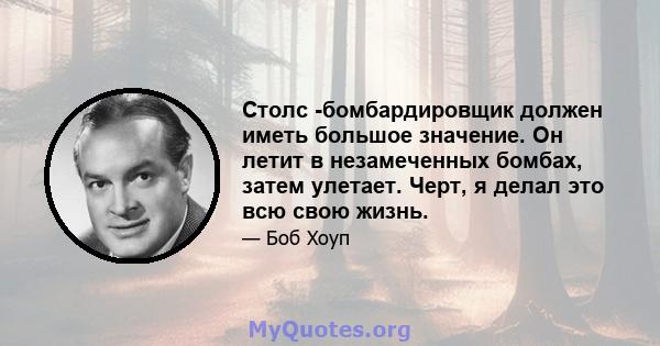 Столс -бомбардировщик должен иметь большое значение. Он летит в незамеченных бомбах, затем улетает. Черт, я делал это всю свою жизнь.