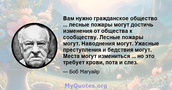 Вам нужно гражданское общество ... лесные пожары могут достичь изменения от общества к сообществу. Лесные пожары могут. Наводнения могут. Ужасные преступления и бедствия могут. Места могут измениться ... но это требует