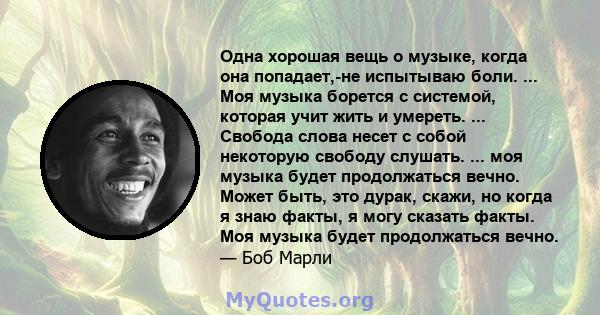 Одна хорошая вещь о музыке, когда она попадает,-не испытываю боли. ... Моя музыка борется с системой, которая учит жить и умереть. ... Свобода слова несет с собой некоторую свободу слушать. ... моя музыка будет