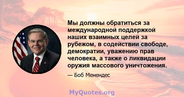 Мы должны обратиться за международной поддержкой наших взаимных целей за рубежом, в содействии свободе, демократии, уважению прав человека, а также о ликвидации оружия массового уничтожения.