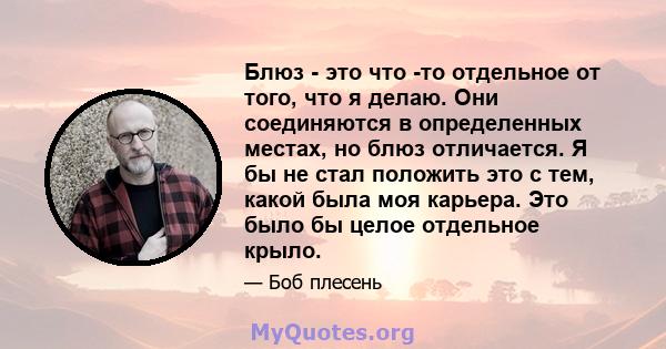 Блюз - это что -то отдельное от того, что я делаю. Они соединяются в определенных местах, но блюз отличается. Я бы не стал положить это с тем, какой была моя карьера. Это было бы целое отдельное крыло.